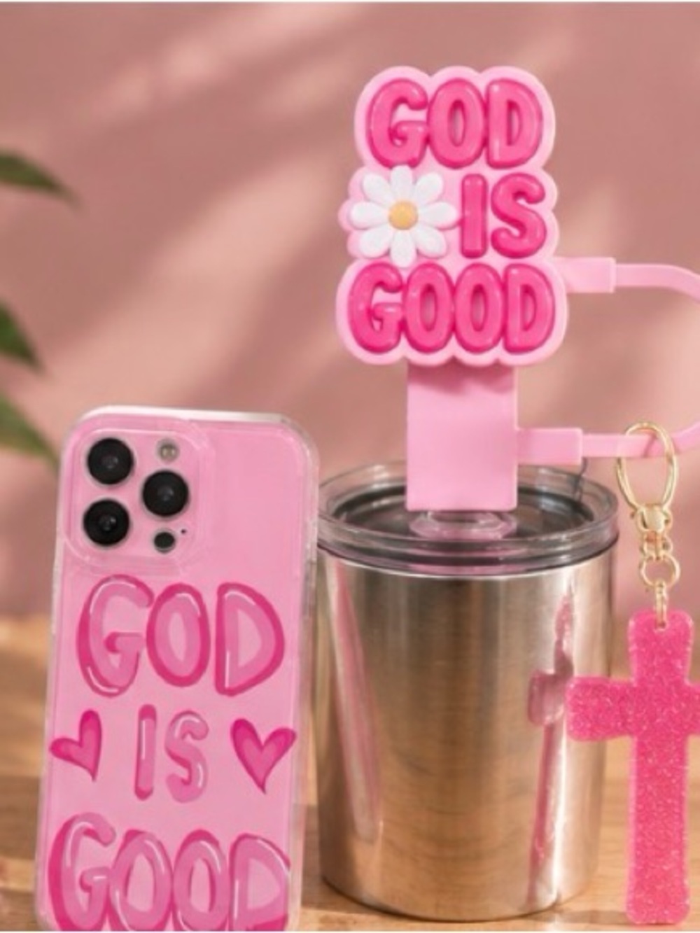 Pink 'God Is Good' Phone Case and Charm Set BUNDLE
